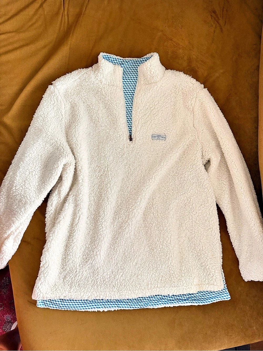 USA Pan White & Blue Sherpa Pullover Like New